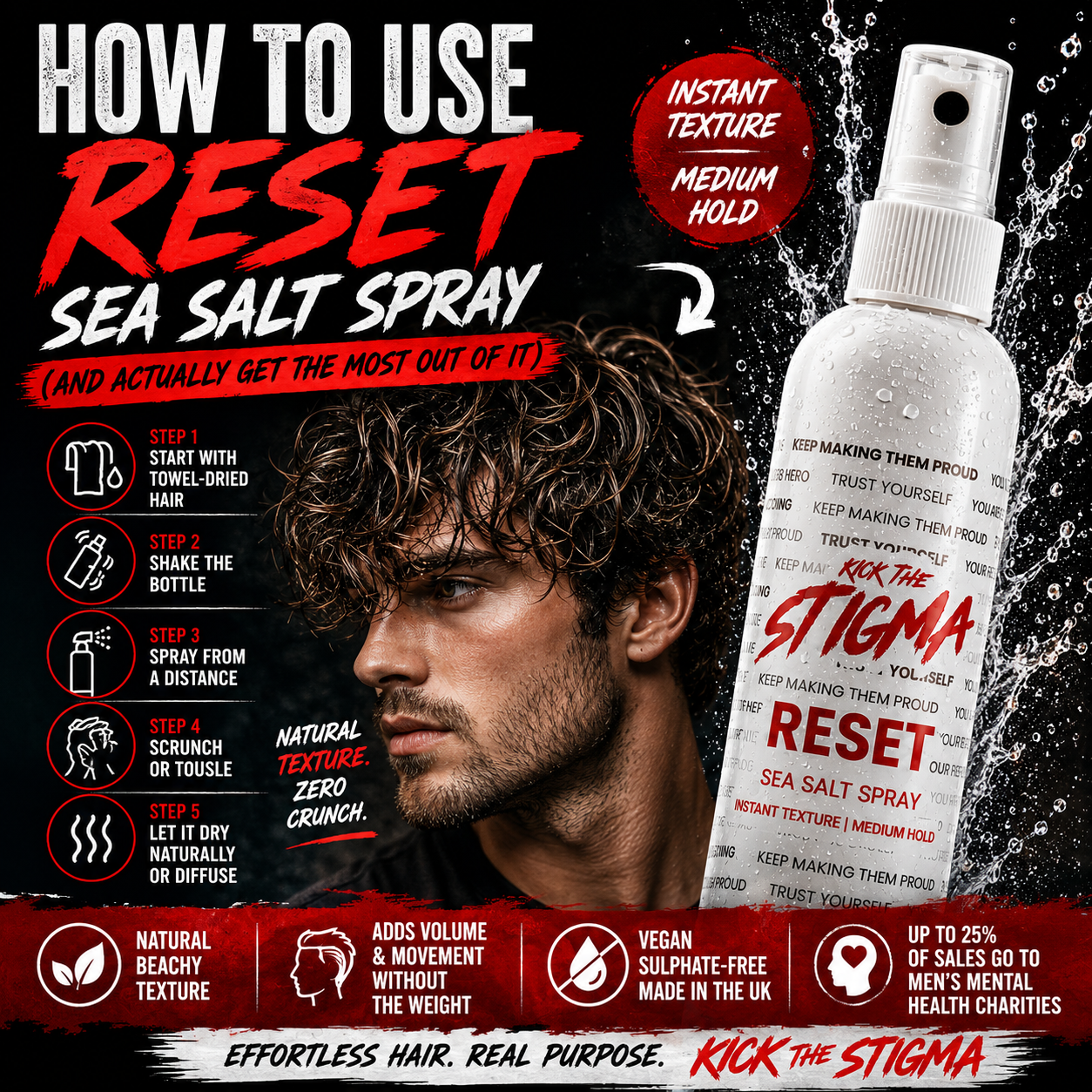 Reset Sea Salt Spray in use on short textured men's hair.